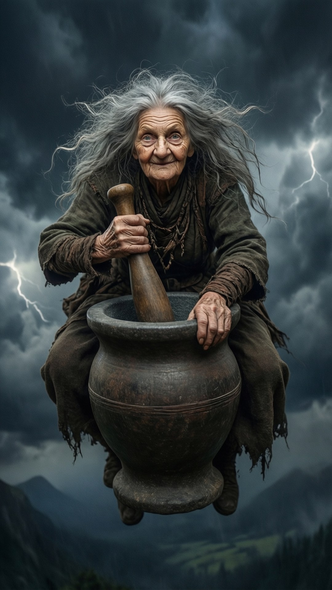 一位擁有狂野灰髮的老女巫坐在浮空的臼上，在雷電交加的暴風雨天空下。