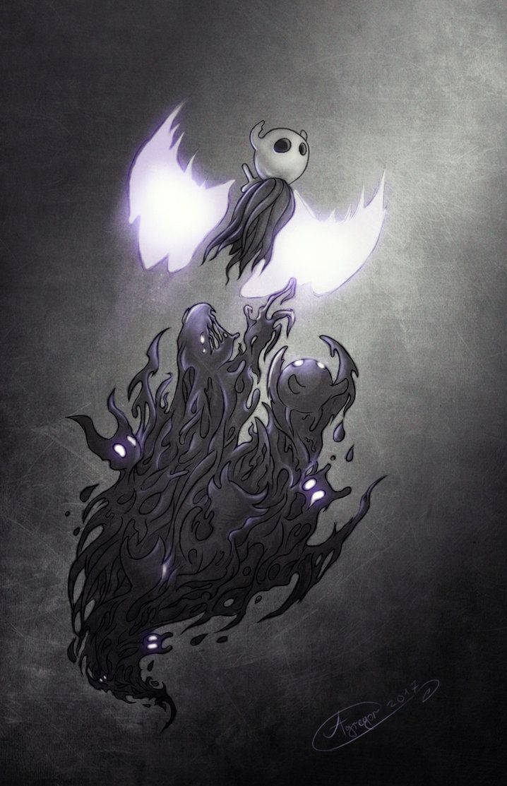 飛行的空洞騎士被惡魔追逐的精美藝術作品 壁紙 — 一個帶有發光白色翅膀的小幽靈盤旋在一團帶有發光眼睛的黑暗陰影生物之上。