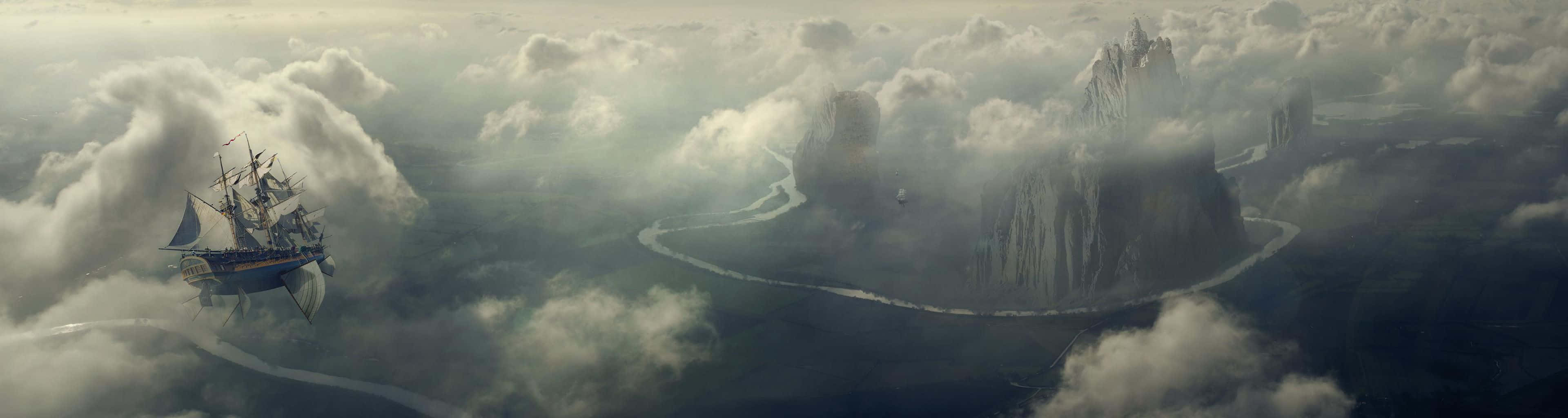 一艘幻想船隻在雲霧和河流環繞的浮島上方航行。