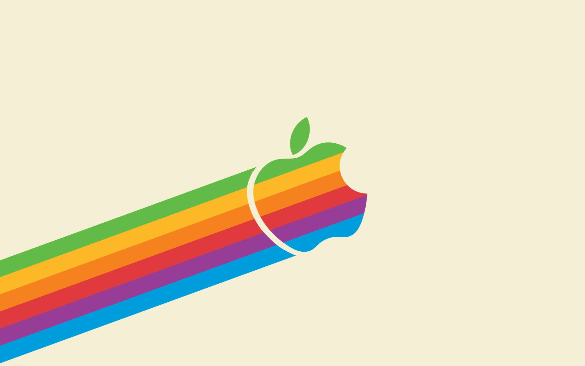 彩虹 Apple 標誌，帶有咬痕和葉子，米色背景。 — 蘋果標誌 壁紙