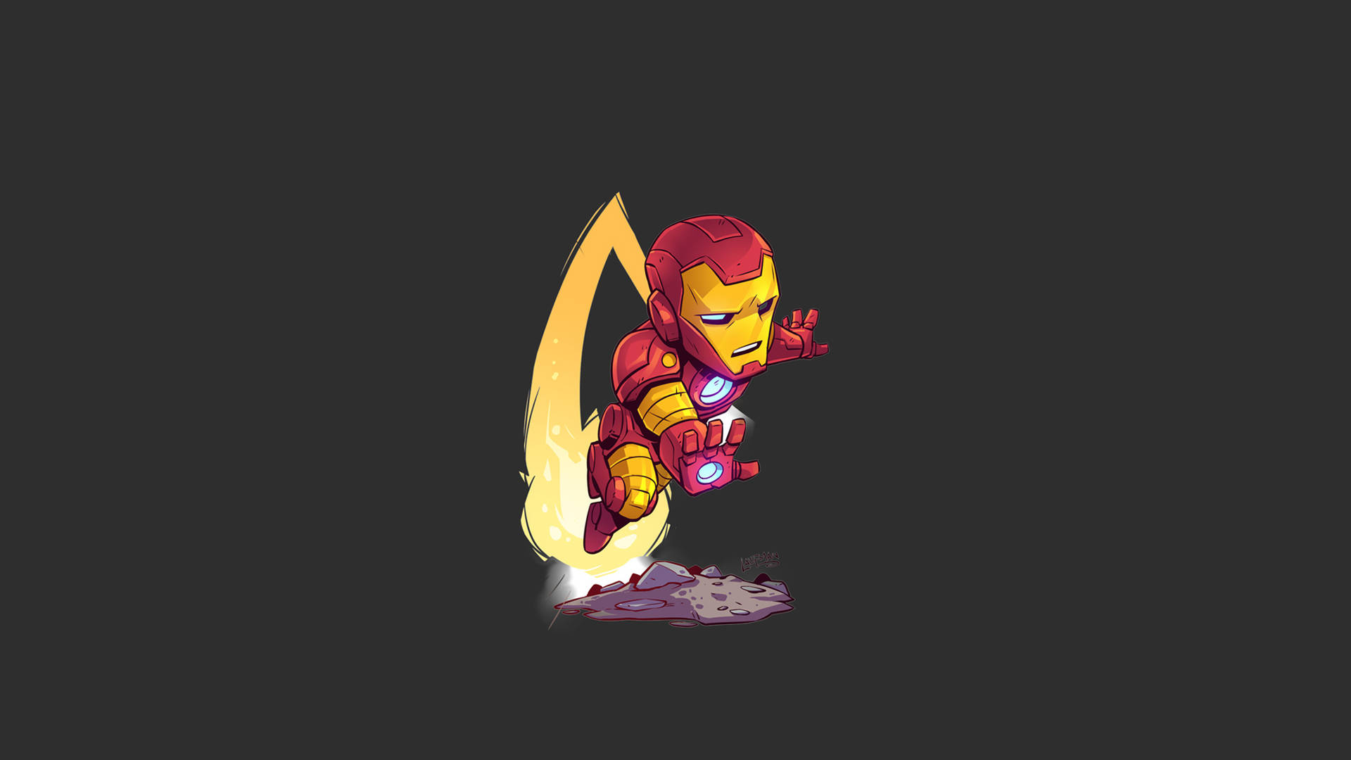 Chibi Iron Man 在黑暗背景下用噴射背包飛行