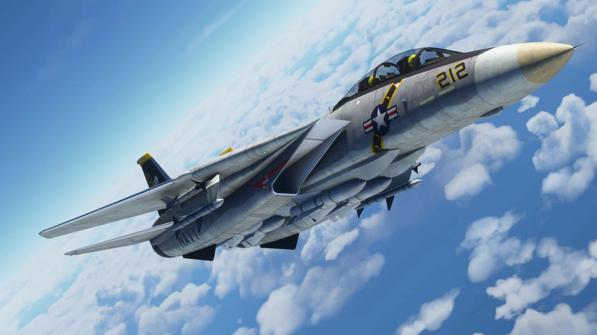 飛越壯麗山脈的空中美景 壁紙 — 一架流線型戰鬥機在點綴著蓬鬆白雲的明亮藍天中翱翔。