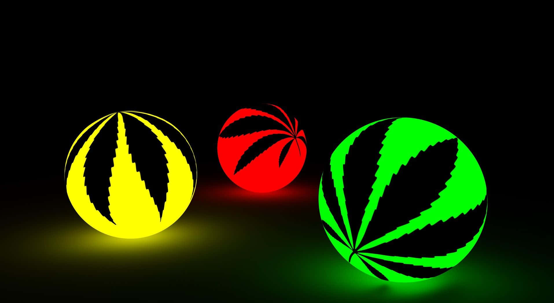 三個帶有大麻葉設計的發光球體，顏色為黃色、紅色和綠色。