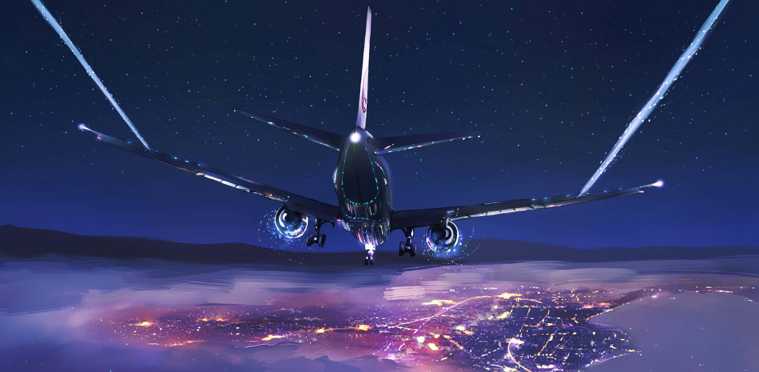 飛越雲層 壁紙 — 一架未來風格的飛機在夜晚降臨於發光的城市上空，伴隨著星空和光跡。