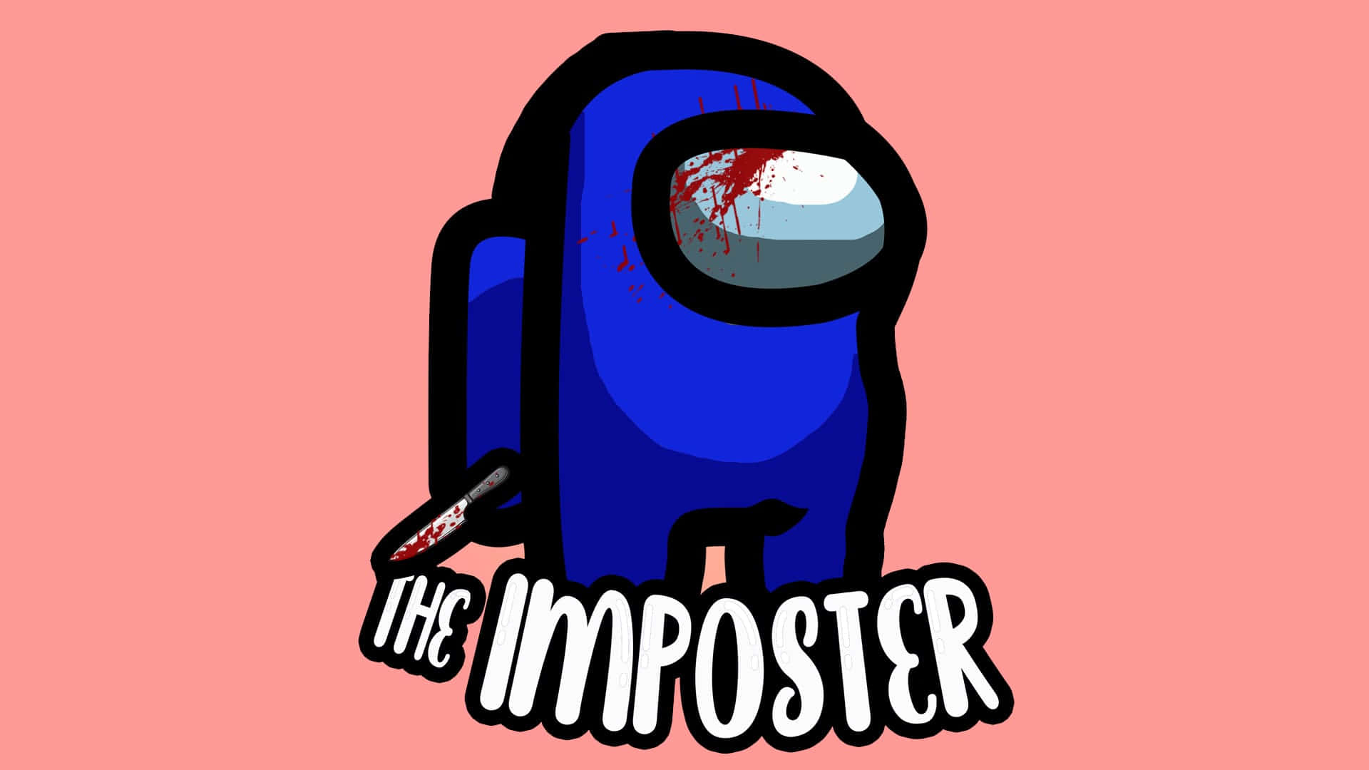 藍色Among Us冒名頂替者，帶有血跡的面罩和刀，標有'THE IMPOSTER'。