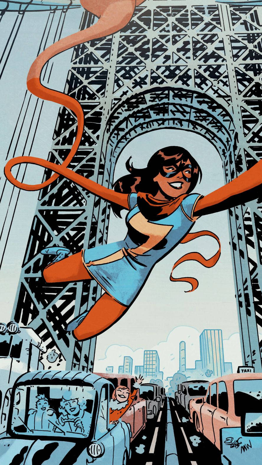 飛躍的 Ms Marvel 壁紙 — 一位漫畫風格的藍橙色超級女英雄在艾菲爾鐵塔下翱翔，下方的交通為她歡呼。