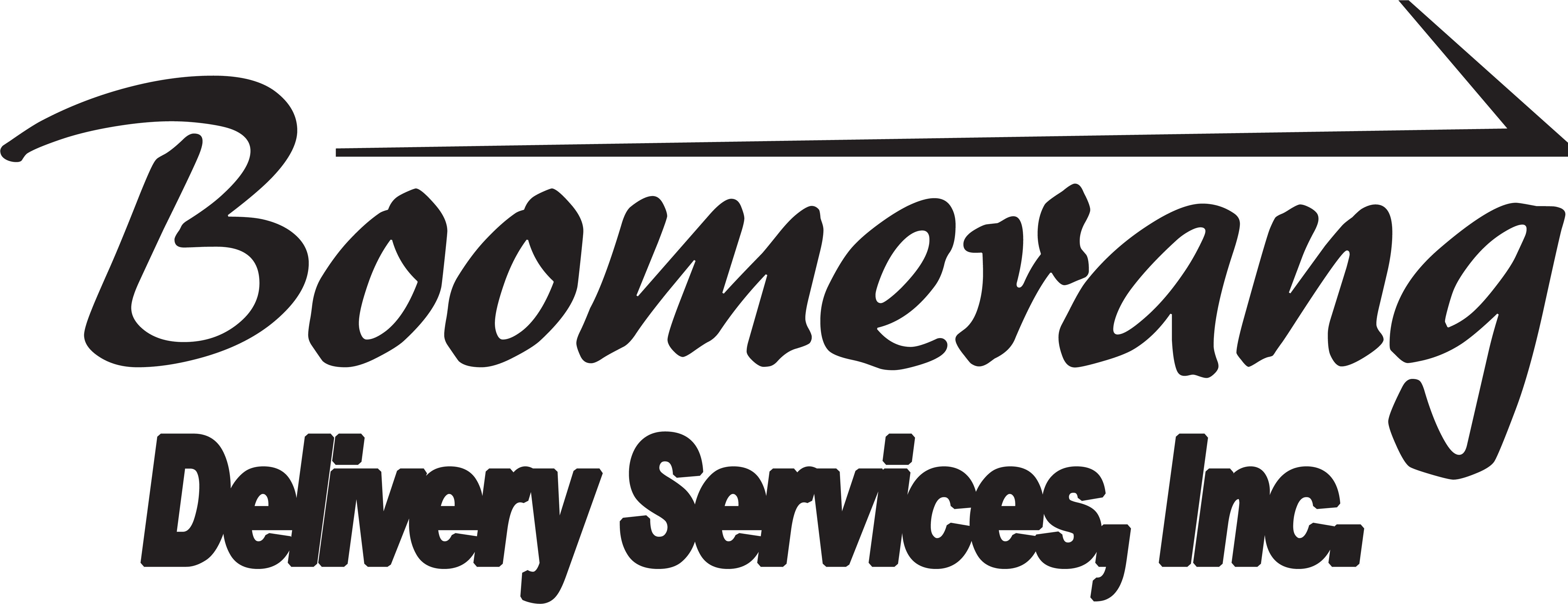 飛鏢速遞服務標誌 壁紙 — Boomerang Delivery Services Inc 的大膽黑白標誌，帶有風格化的草書文字和對角線底線。