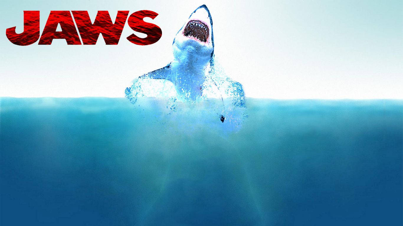 大白鯊從海洋躍起，上方有JAWS標題