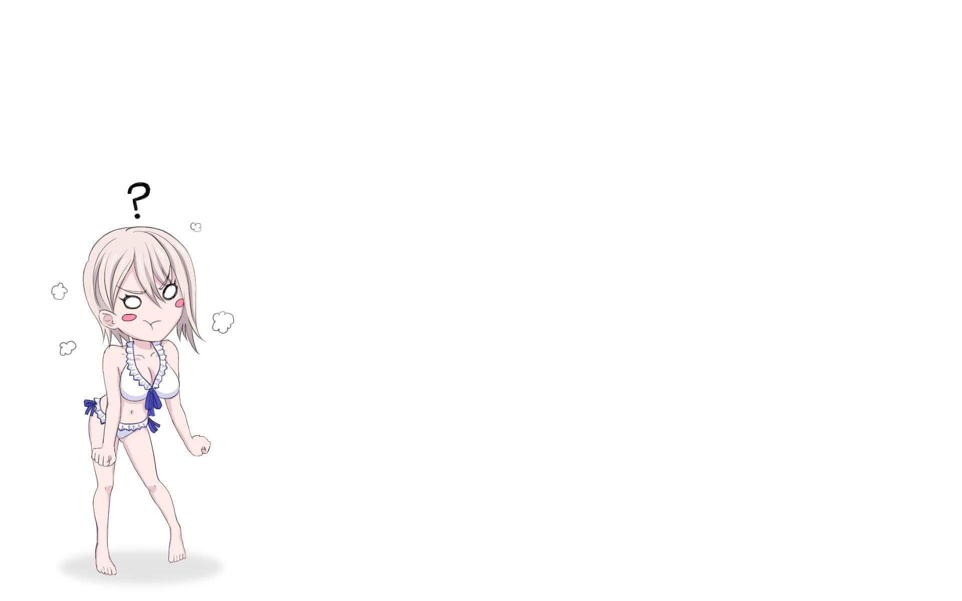 食戟之靈愛麗絲中村 壁紙 — 一個穿著藍白比堅尼的Q版動漫女孩，頭上有一個問號，看起來很困惑。