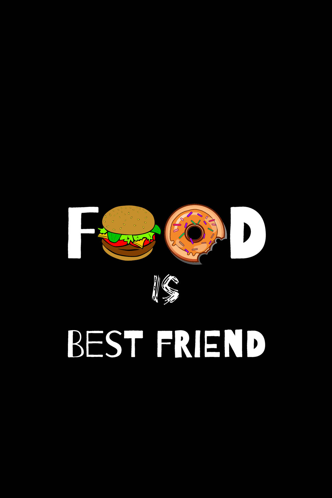 文字圖形寫著「Food is best friend」，以漢堡和冬甩圖示取代字母。