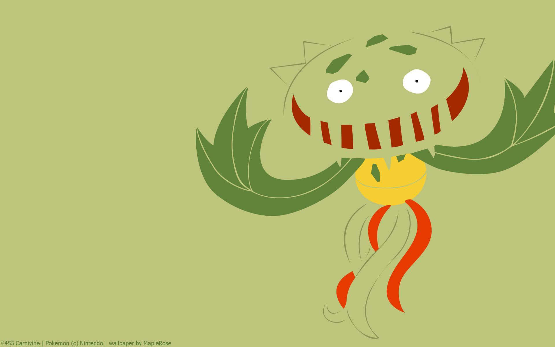 食草獸極簡桌面壁紙 壁紙 — 一個風格化的卡通Carnivine寶可夢，擁有綠色的葉狀手臂和紅色的牙齒，在純橄欖綠背景上微笑。