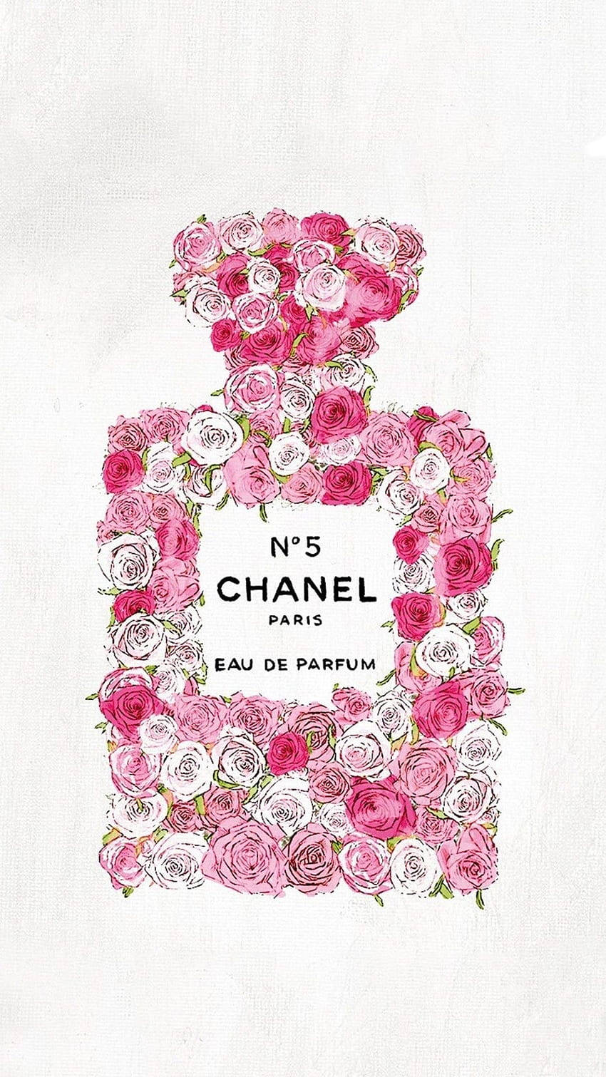 以粉紅和白色玫瑰製成的Chanel No5香水瓶，置於有紋理的布料上。