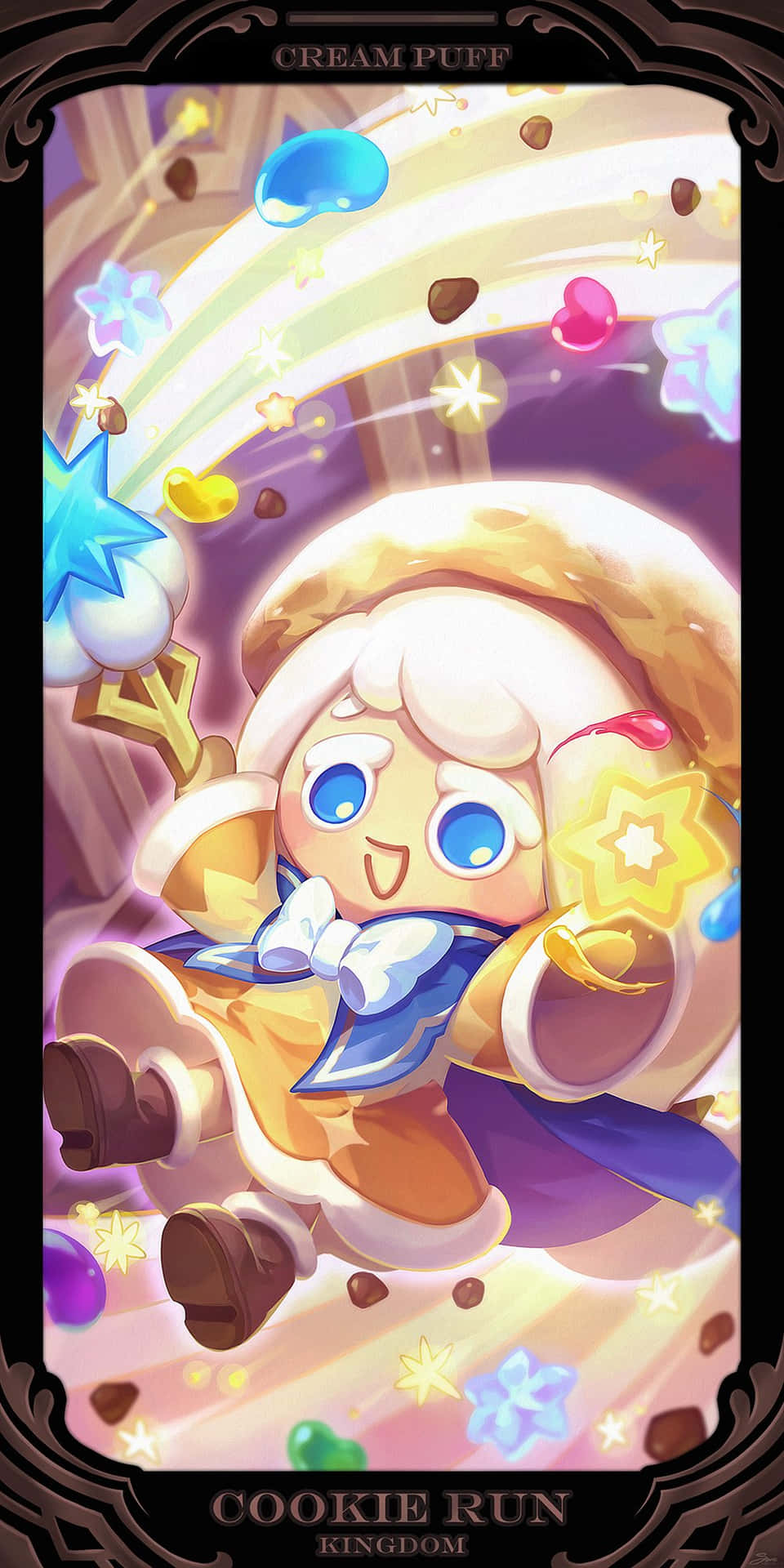 奶油泡芙曲奇角色在遊戲插圖中與星星和糖果粒子一起漂浮。