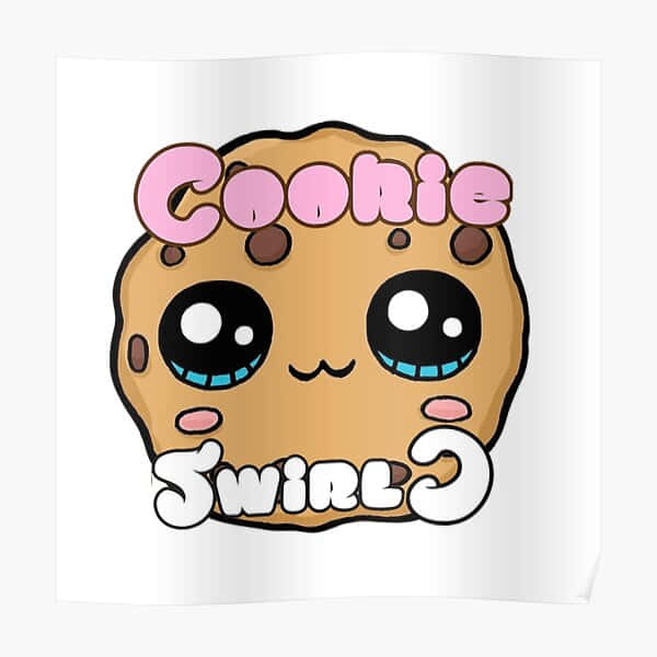 一個微笑的卡通曲奇，有朱古力粒和藍色牙齒，標籤為 Cookie Swirl。