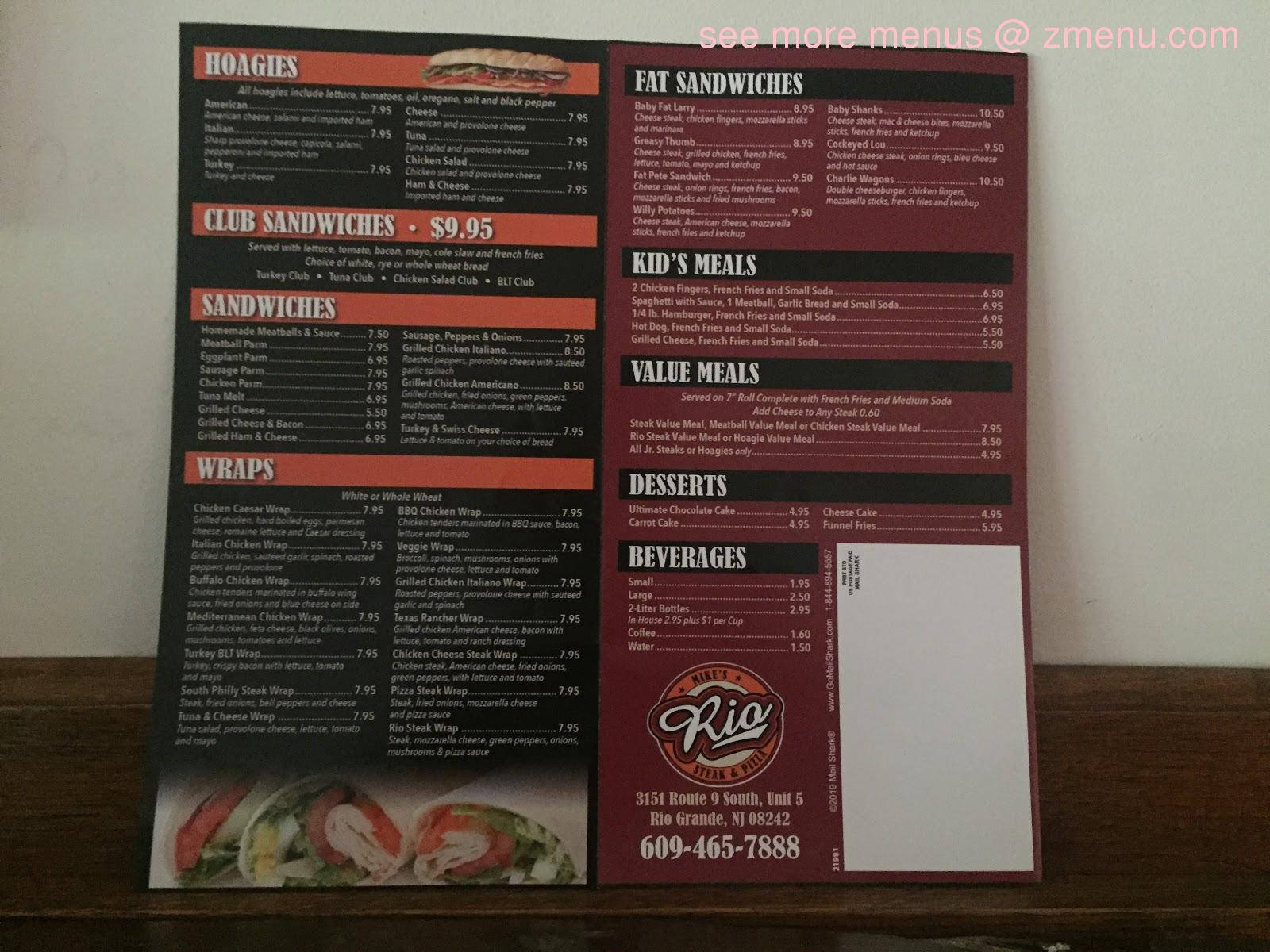 餐廳豪華菜單大展 壁紙 — Rio Grill 的印刷菜單，包含三明治、捲餅、兒童餐、甜品和飲品，附有價格和聯絡資訊。