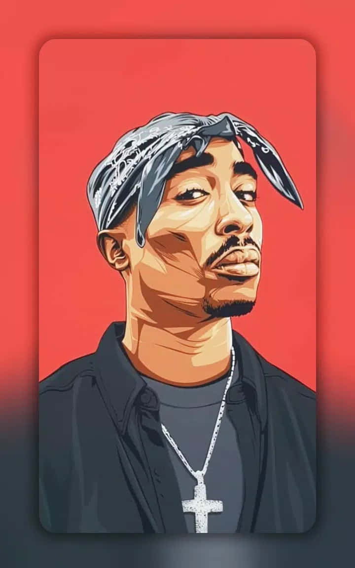Tupac Shakur 戴著頭巾和十字架項鍊，背景為紅色。