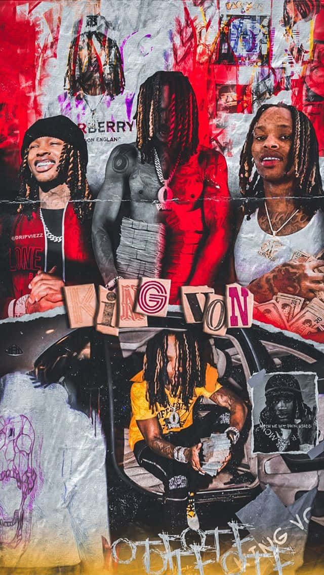 King Von 桌布 壁紙 — 饒舌歌手 Young Thug 以多種姿勢與金錢和豪華汽車組合的鮮明拼貼畫，背景為塗鴉和破損海報質感。