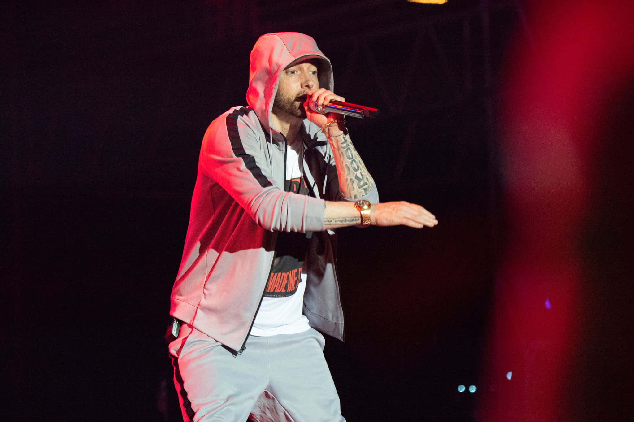 Eminem 桌布 壁紙 — 饒舌歌手Eminem在紅色燈光演唱會中穿著連帽衫並手持麥克風表演。