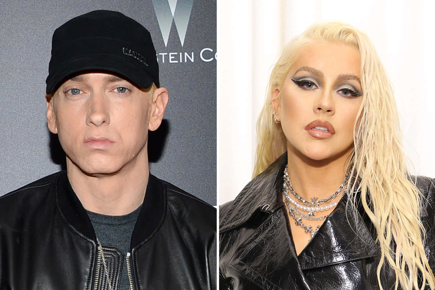 Eminem 桌布 壁紙 — 饒舌歌手Eminem戴黑色帽及皮褸，與金髮戴多層頸鏈的歌手Christina Aguilera的分割肖像。