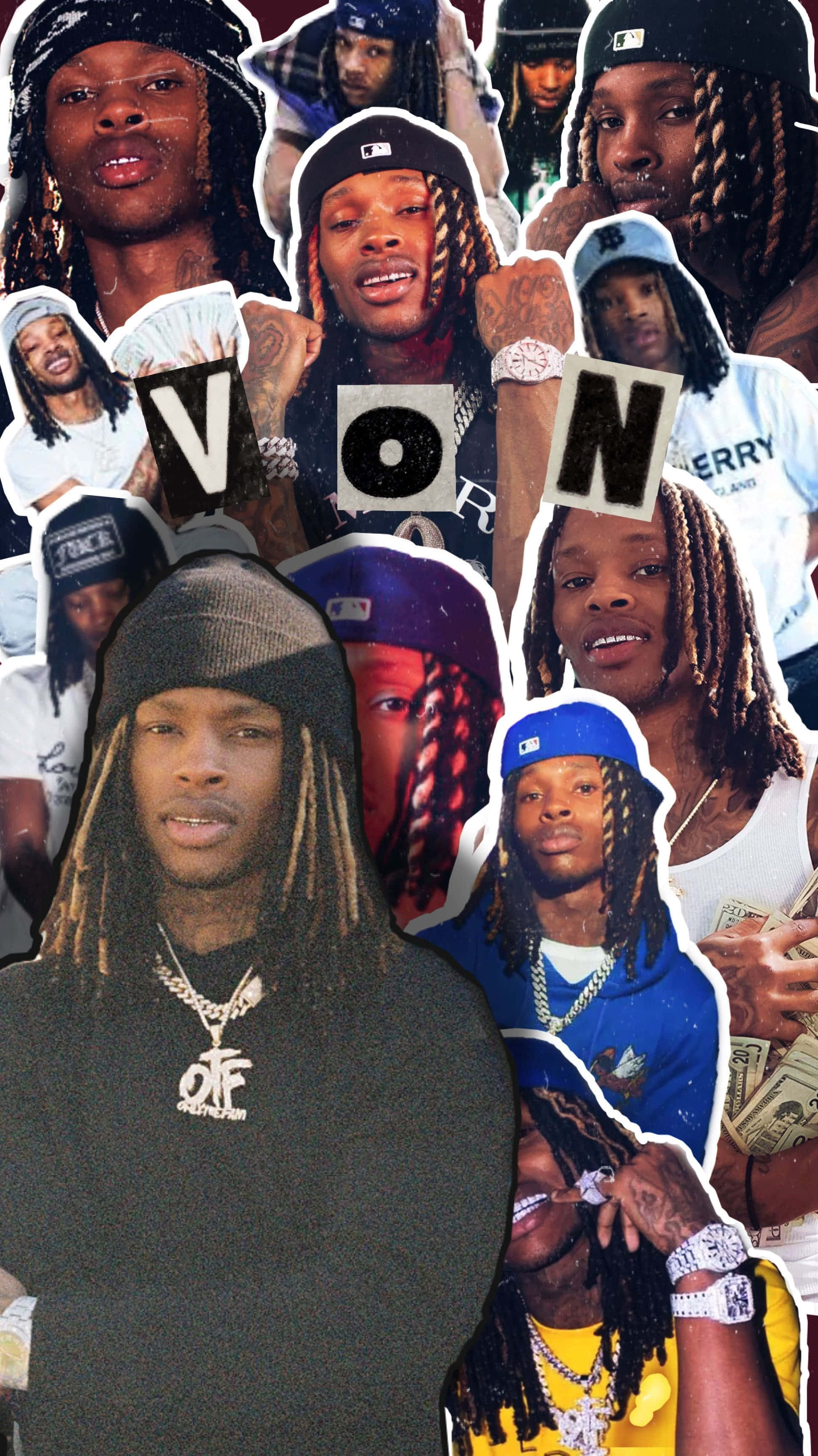 King Von 桌布 壁紙 — 饒舌歌手Young Thug嘅鮮明拼貼畫，展示多種姿勢同服裝，並有粗體字母拼出VON。