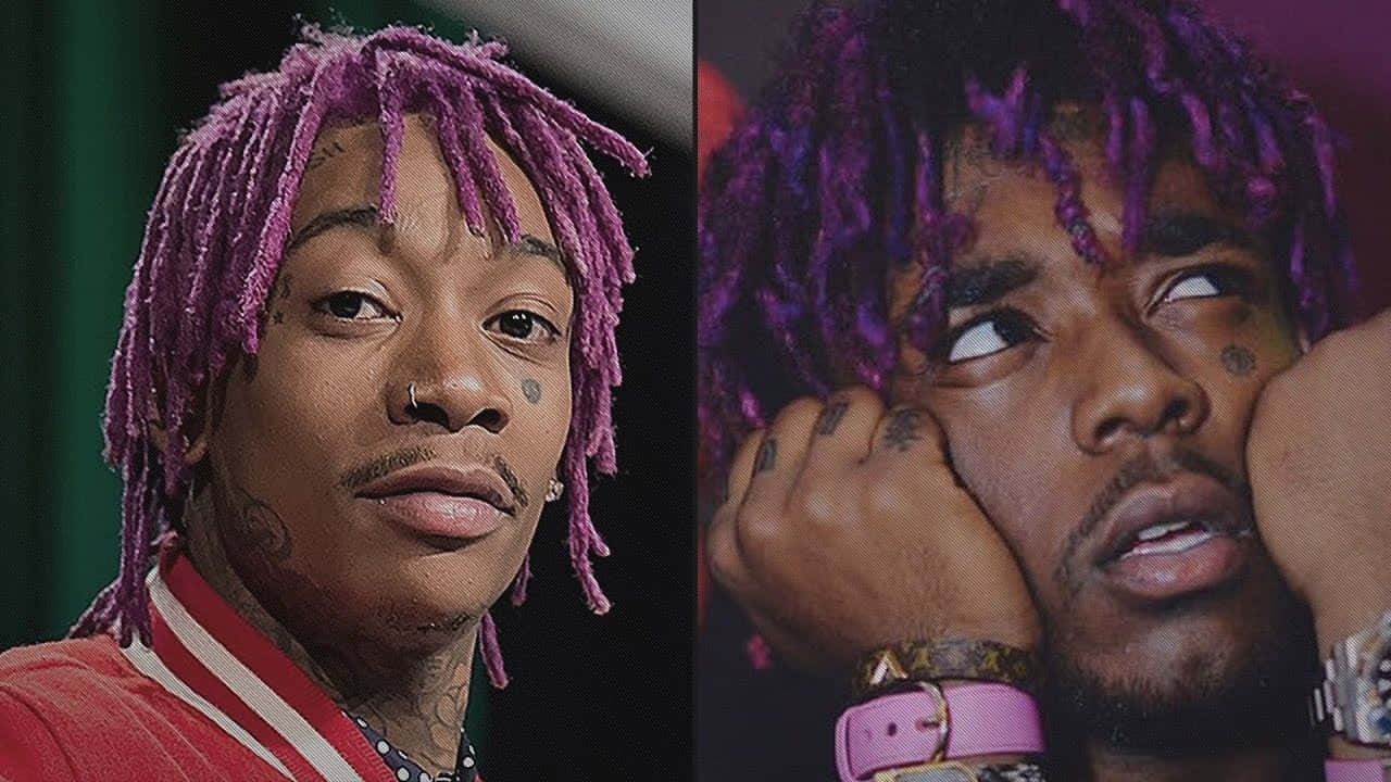 Lil Uzi Vert 桌布 壁紙 — 饒舌歌手的分割肖像，帶有充滿活力的紫色辮子，呈現對比姿勢和表情。