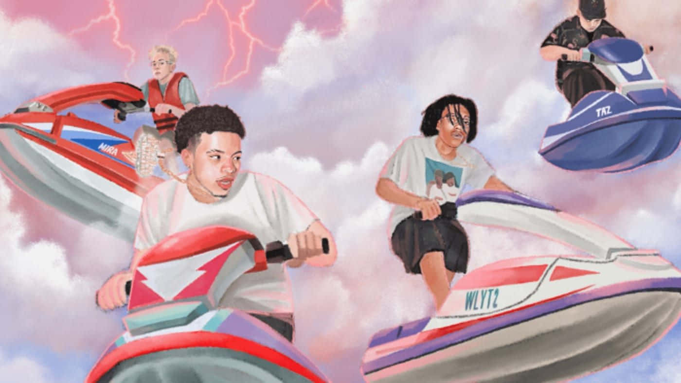 青少年喺雲層中揸水上電單車比賽，天空有閃電。