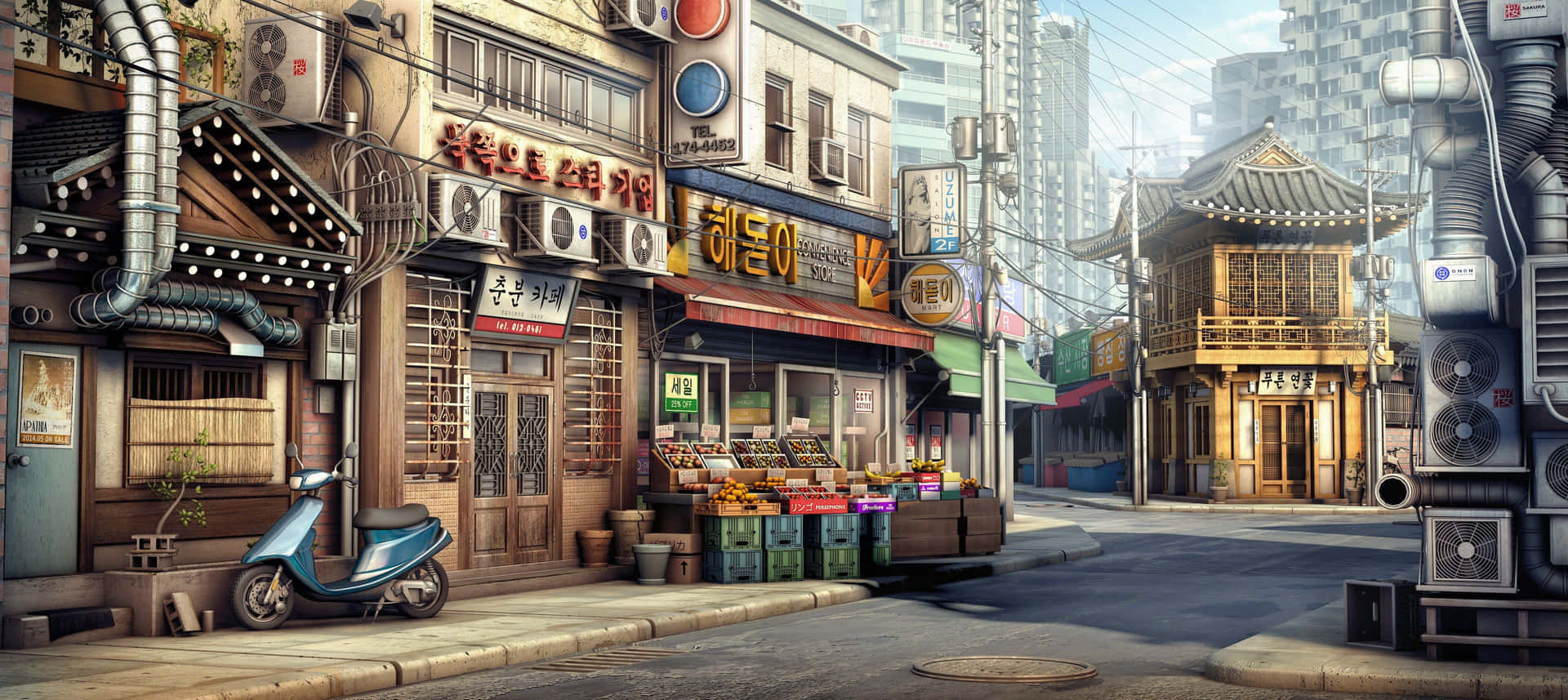 一條繁忙的韓國街道，有傳統建築、商店，以及一輛停放在人行道上的電單車。