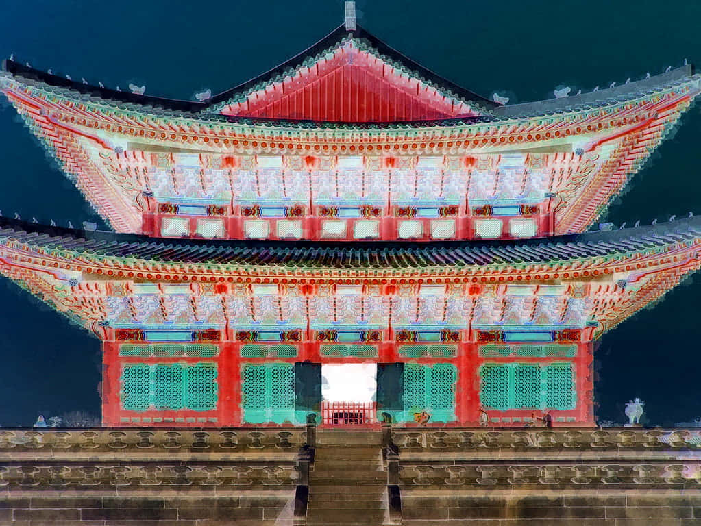 夜間被照亮的傳統韓國宮殿，帶有紅色和藍綠色細節。