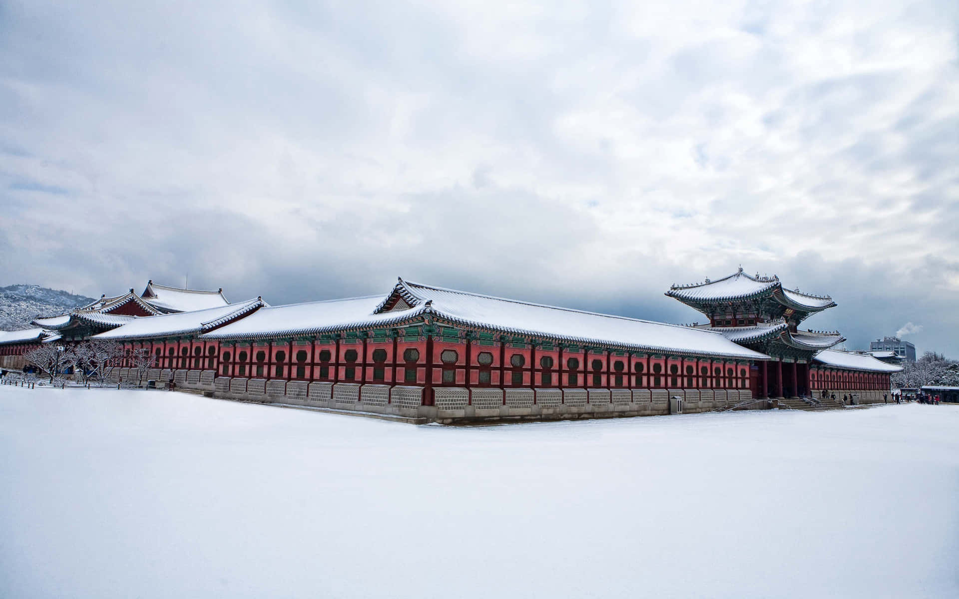 雪覆蓋的韓國宮殿，紅牆瓦頂，陰天。