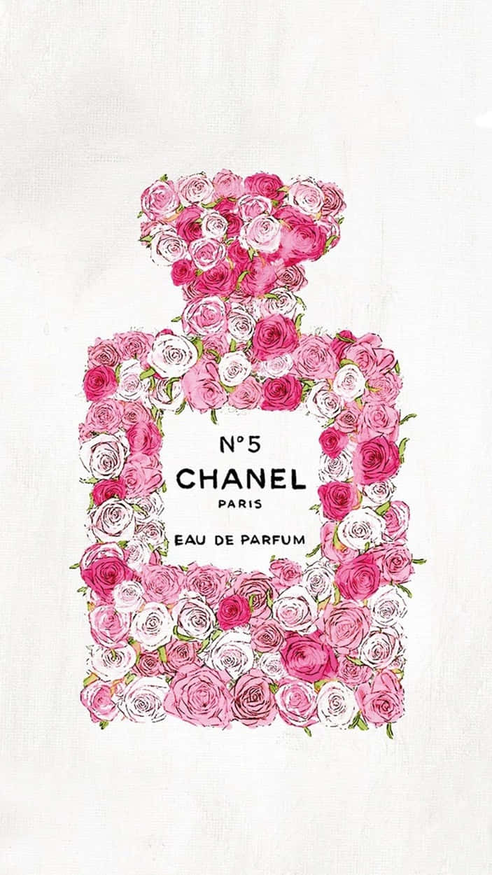 香奈兒五號甜美風 壁紙 — 以粉紅和白色玫瑰製成的Chanel No 5香水瓶剪影，置於有紋理的米白色背景上。