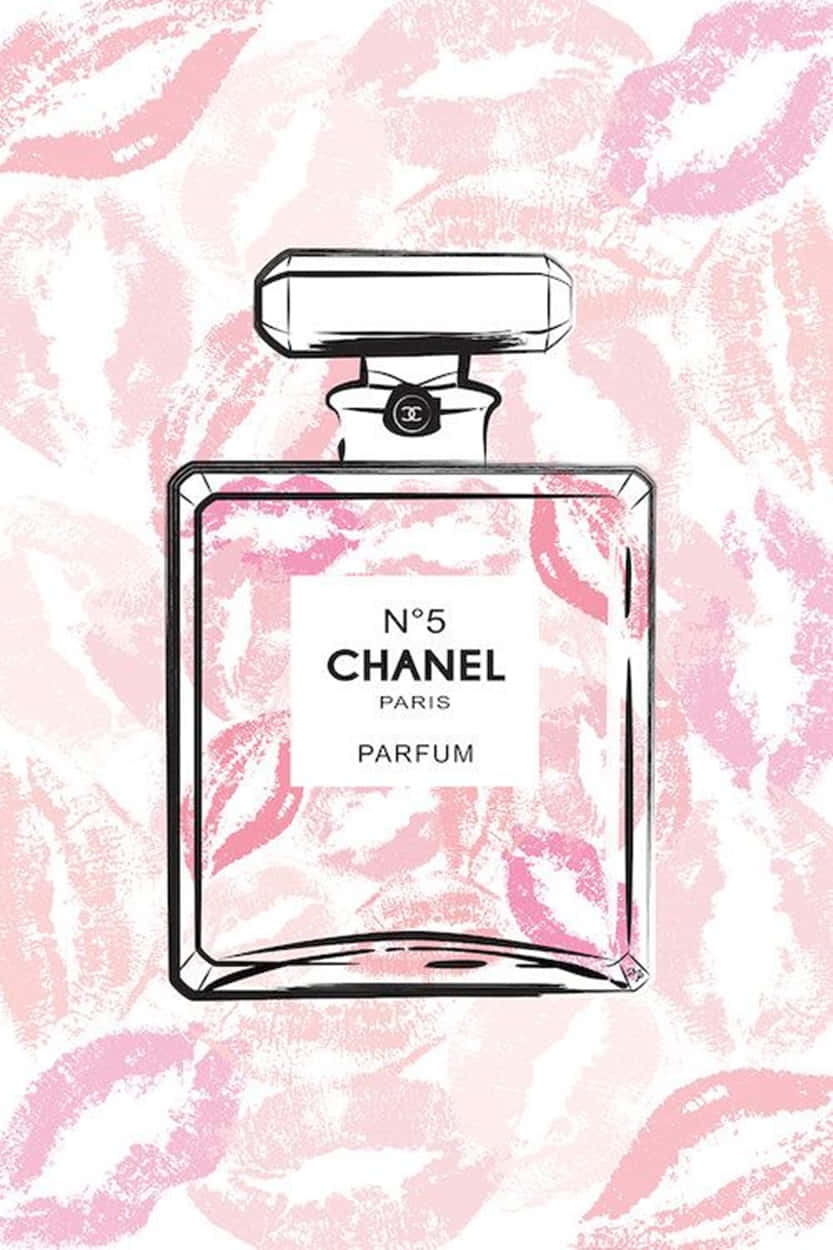 香奈兒少女風No.5香水 壁紙 — 一個風格化的Chanel No5香水瓶，黑色輪廓，襯以柔軟粉紅色背景，上面有唇印圖案。