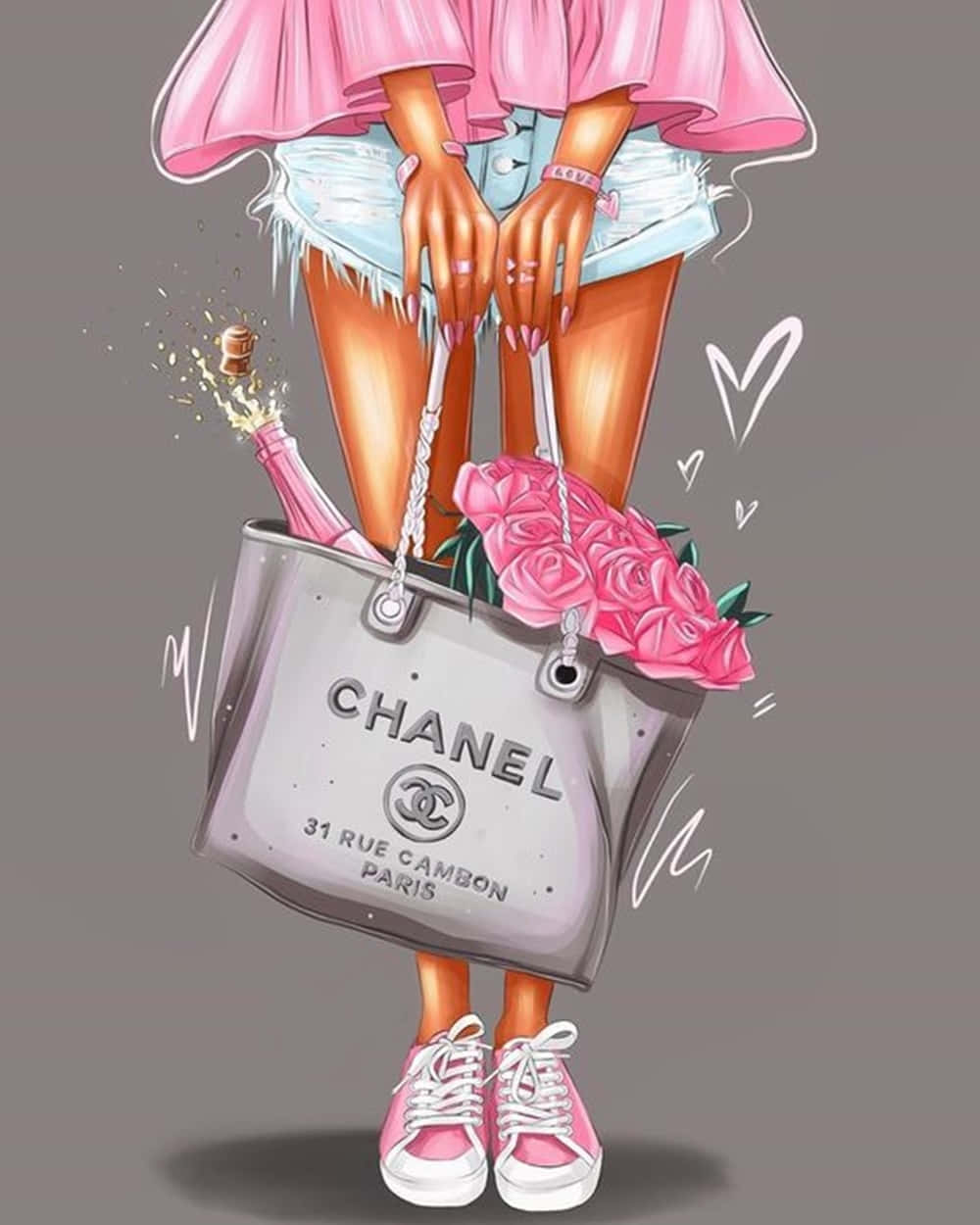 香奈兒少女風手袋 壁紙 — 一位時尚女孩身穿粉紅色服裝，在灰色背景前拿著一個裝滿香檳和玫瑰的 Chanel 手袋。