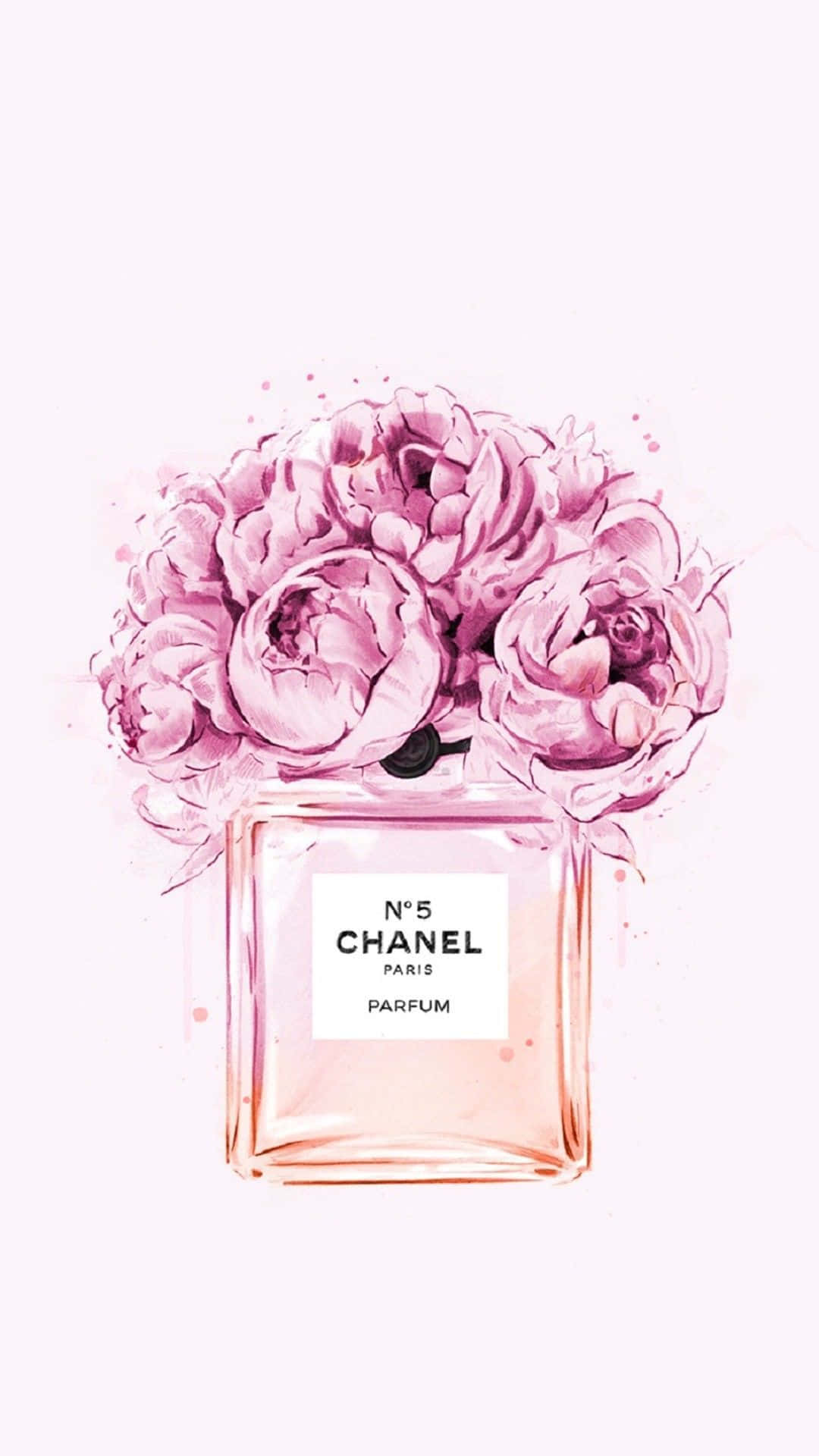 香奈兒經典時尚，融合奢華與永恆風格 壁紙 — 一幅水彩插圖，描繪Chanel No5香水瓶在柔和的白色背景上溢出粉紅色牡丹。