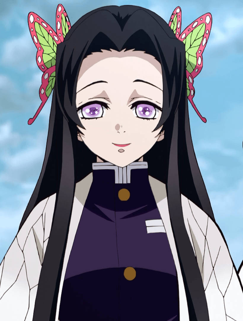 戴著蝴蝶髮夾、紫眼的動漫女孩，穿著深色制服。