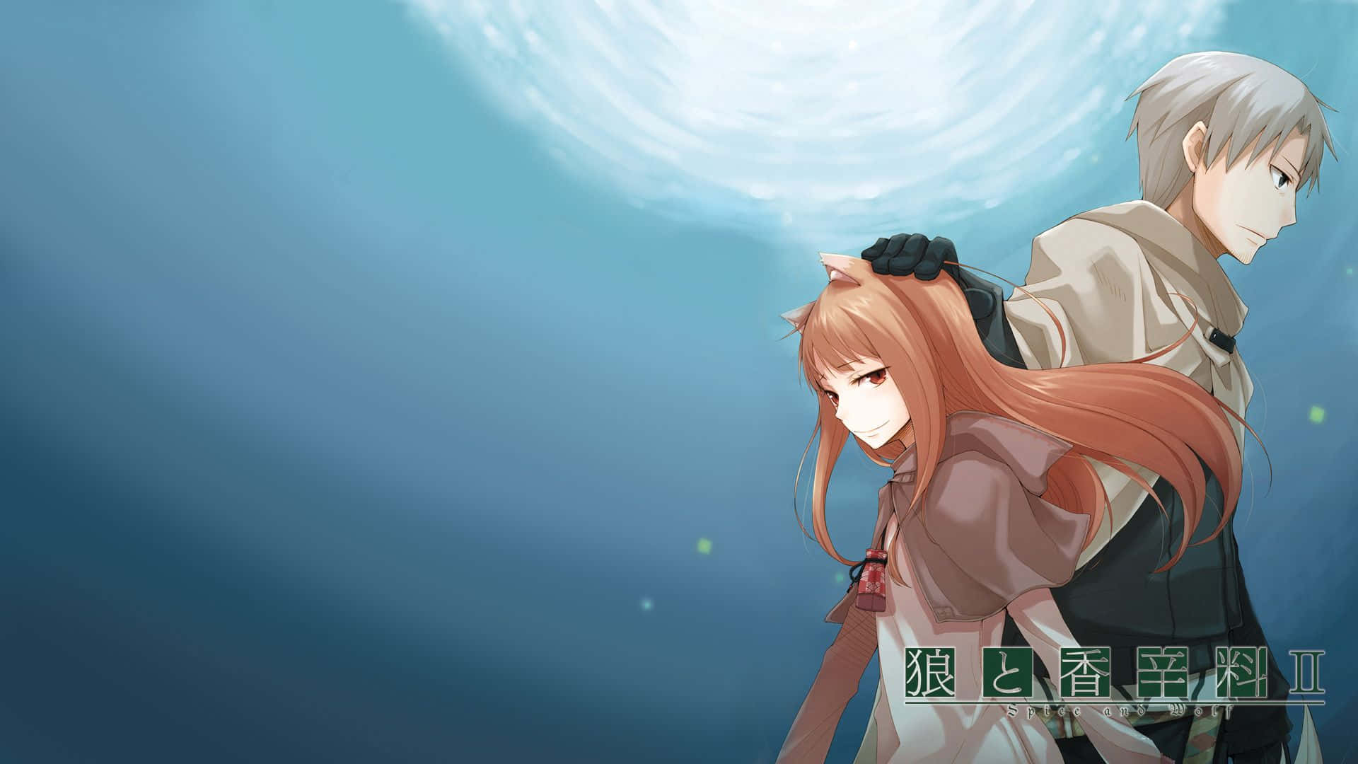 長著狐狸耳朵的動漫角色站在水下向上看