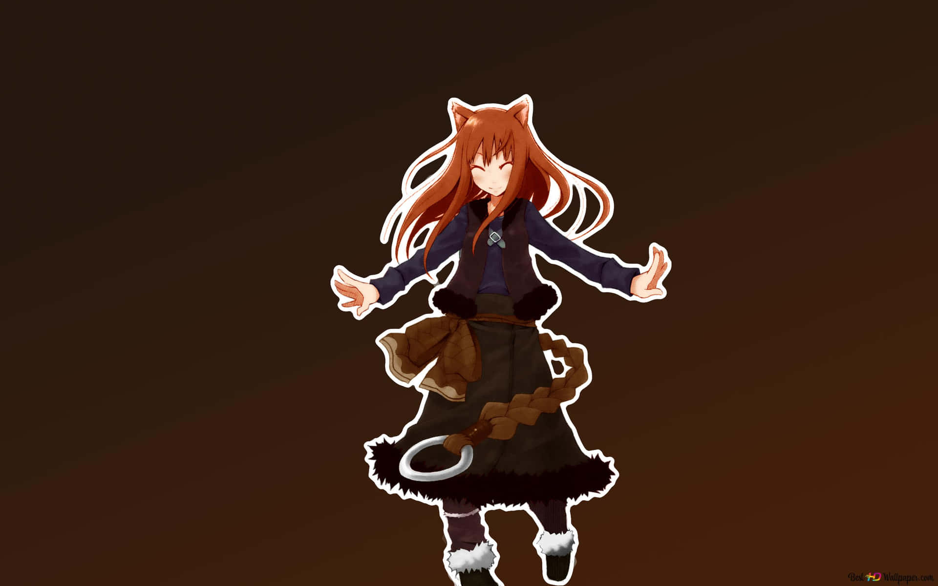 擁有狐狸耳朵和尾巴的動漫女孩穿著冬季服裝。