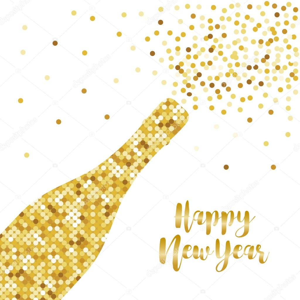 金色閃粉香檳瓶噴出五彩紙屑，附有 Happy New Year 文字。