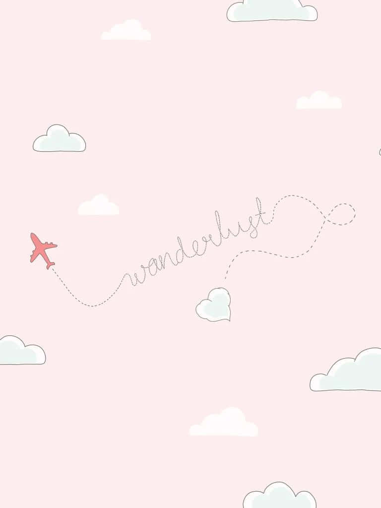 粉紅色飛機飛過雲層，留下一條點狀軌跡，拼出wanderlust。