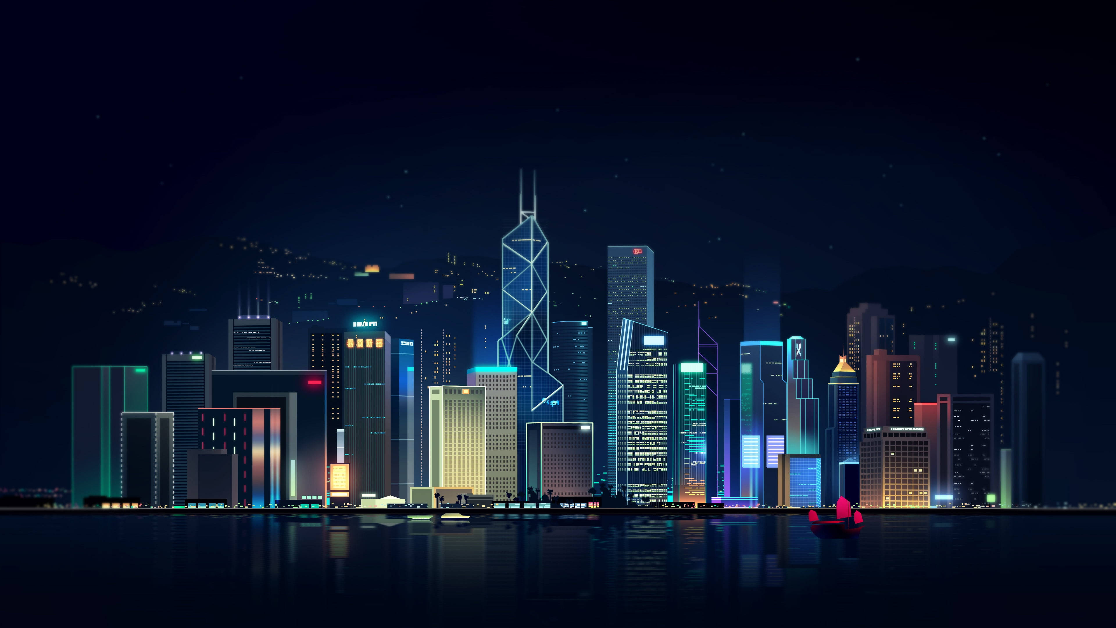 香港燈光向量藝術 壁紙 — 夜晚充滿活力的霓虹燈城市天際線倒映在平靜的水面上，前景有一艘發出紅光的小船。
