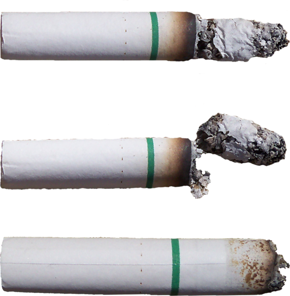 香煙燃燒不同階段 壁紙 — 三個帶有煙灰和燒焦痕跡的煙頭，襯托在鮮明的黑色背景上。