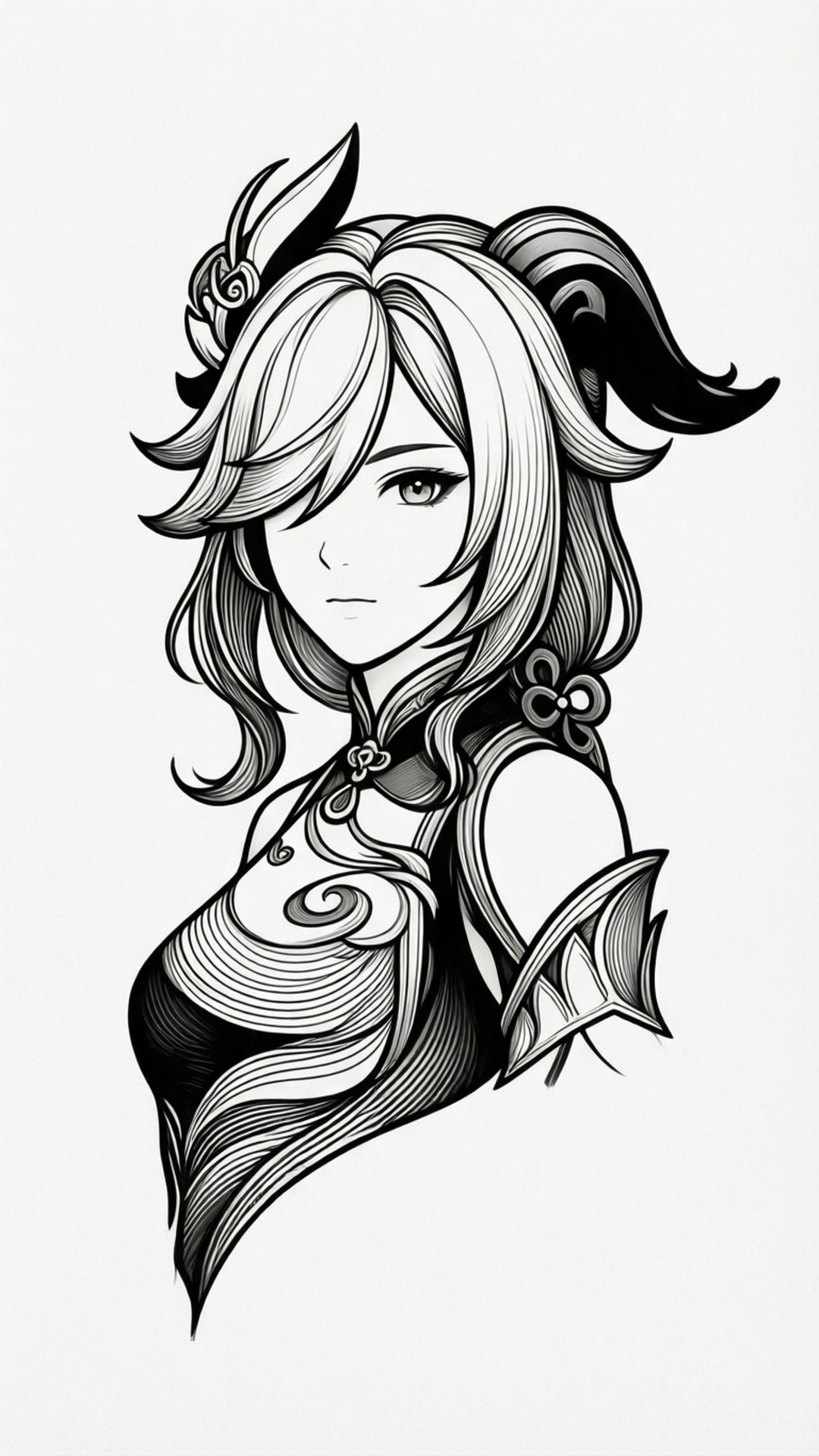 黑白線條藝術風格的動漫女孩，擁有飄逸頭髮和華麗服飾