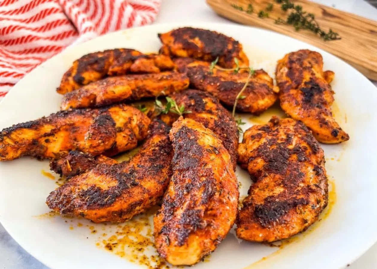 Blackened Chicken 桌布 壁紙 — 香脆調味雞柳，飾以新鮮百里香，放在白色碟上，旁邊有條紋布和木砧板。