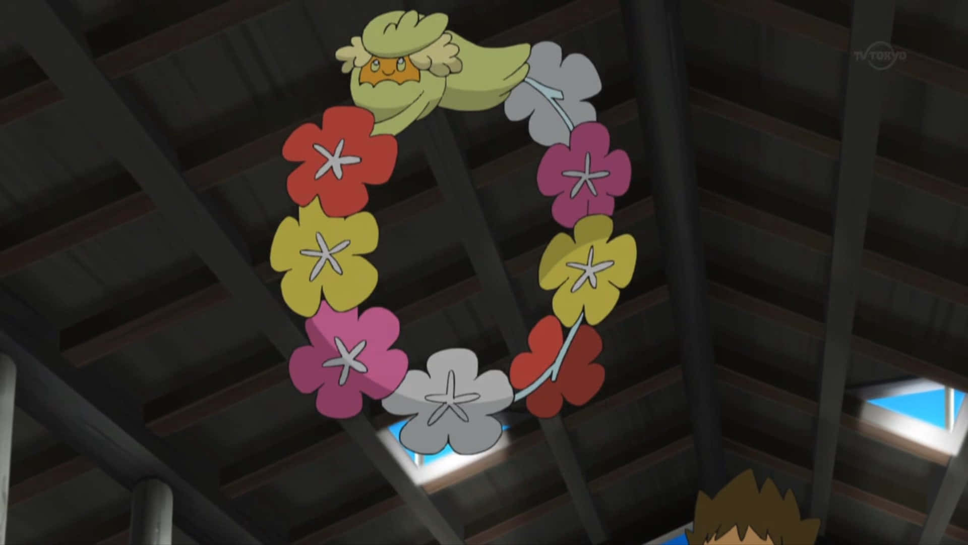 香草漂浮在屋內 壁紙 — 一隻黃色嘅雀仔Pokémon企喺一個掛喺木天花嘅彩色花環上面。