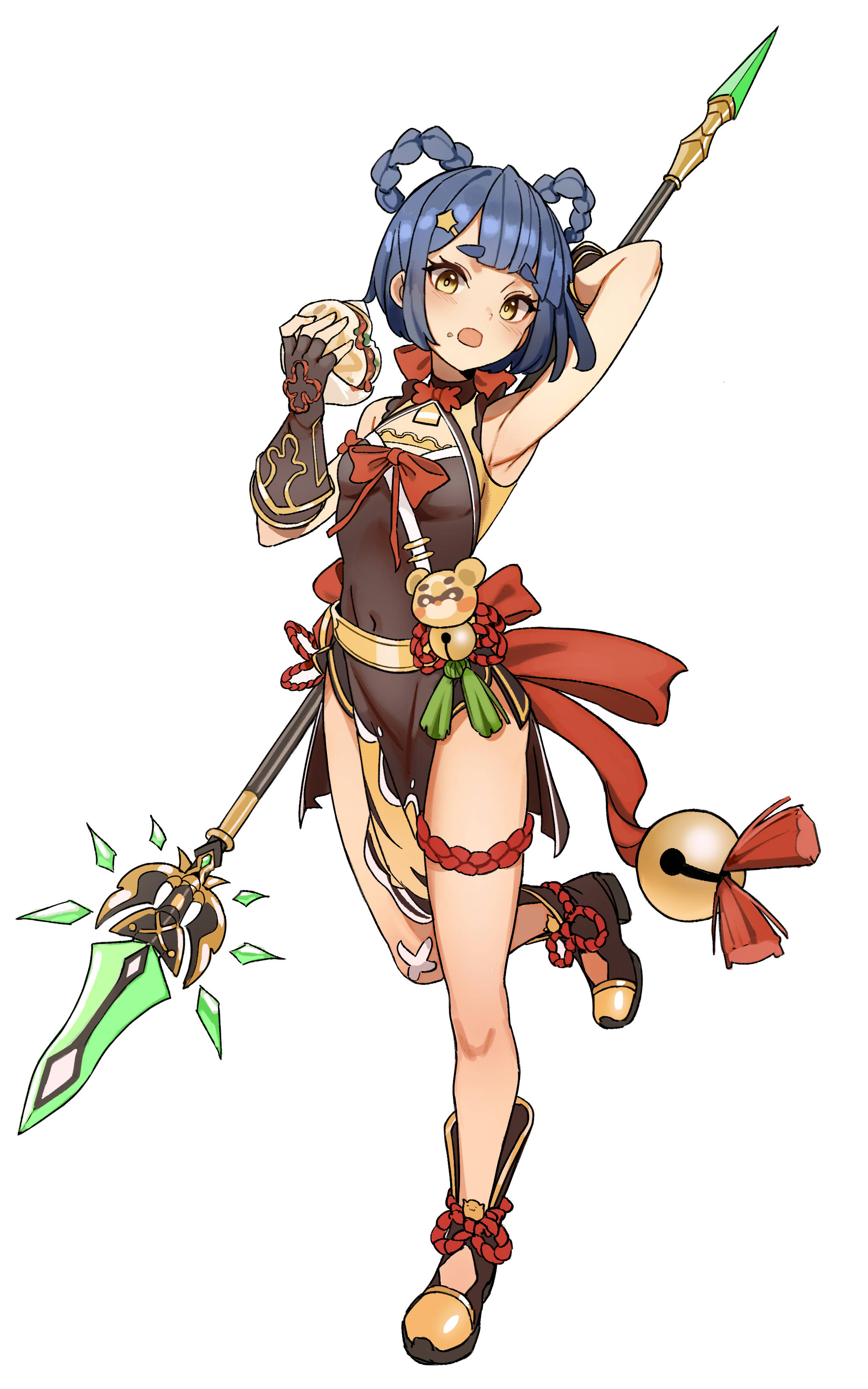 香菱《原神》角色 壁紙 — 一位藍髮動漫女孩身穿紅棕色戰士服裝，手持發光綠色長矛，表情喜悅。