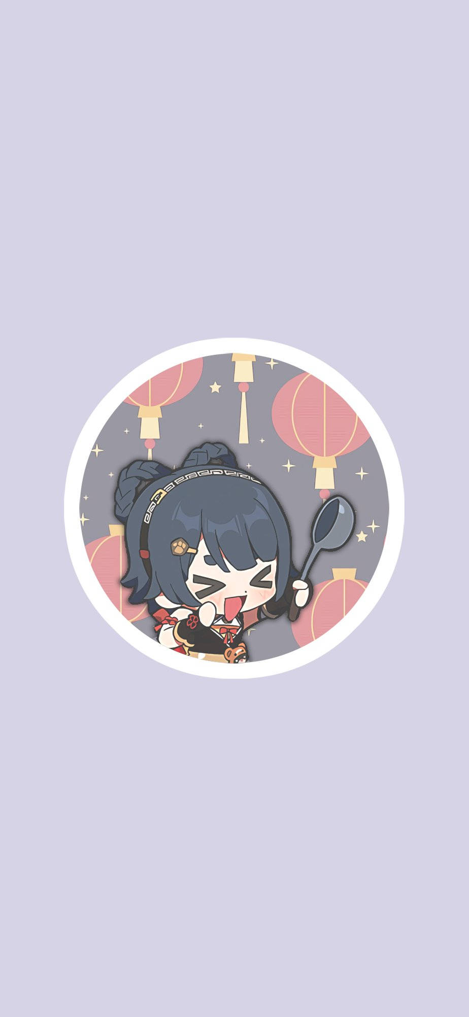 香菱極簡美學 壁紙 — 一個深色頭髮的Q版動漫女孩在星空夜空下，在發光的紅色燈籠下用湯匙吃麵條。