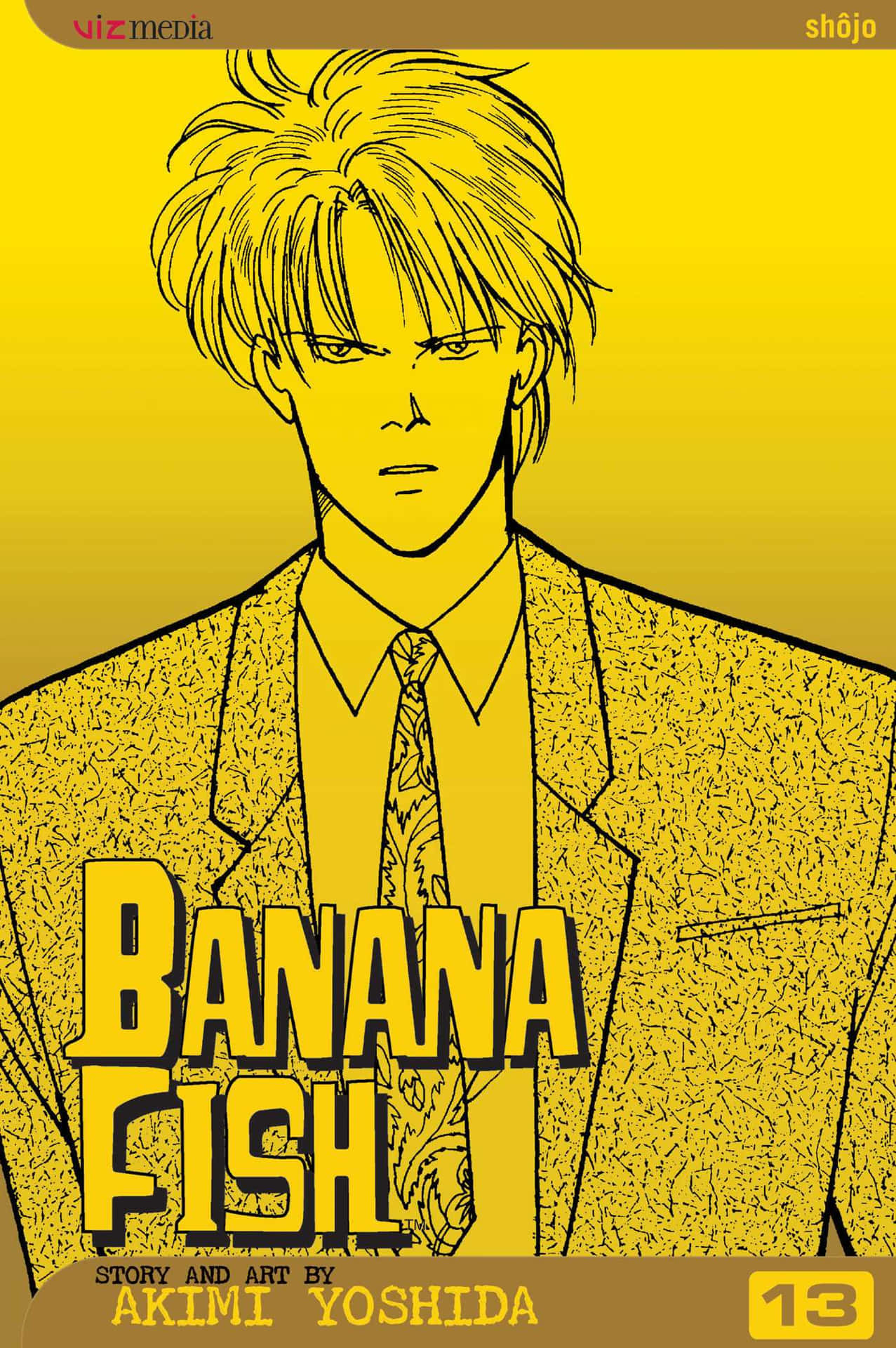 動畫角色穿著西裝，在黃色紋理背景上帶有「Banana Fish」標題。