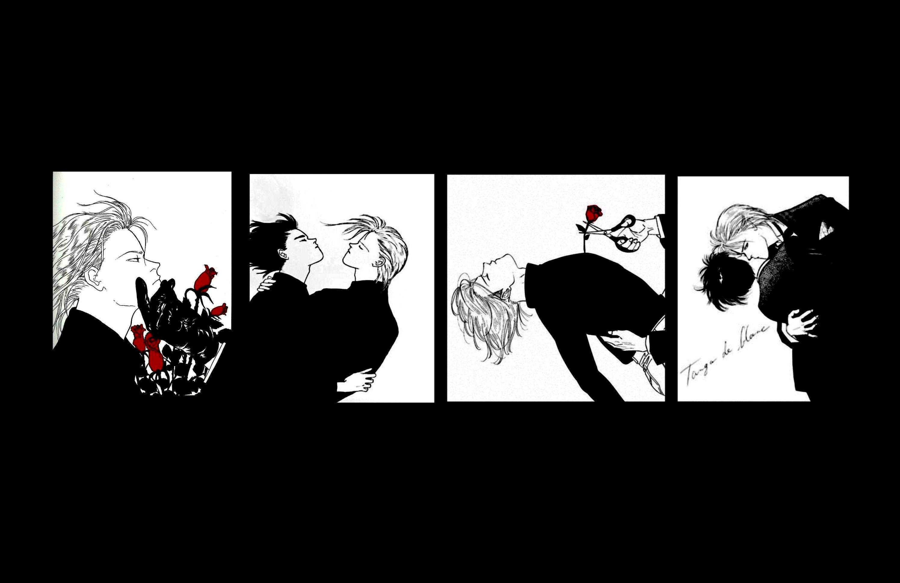 香蕉魚漫畫拼貼 壁紙 — 四個插圖面板展示了兩個人之間的浪漫時刻，具有大膽的黑白對比和鮮豔的紅玫瑰。