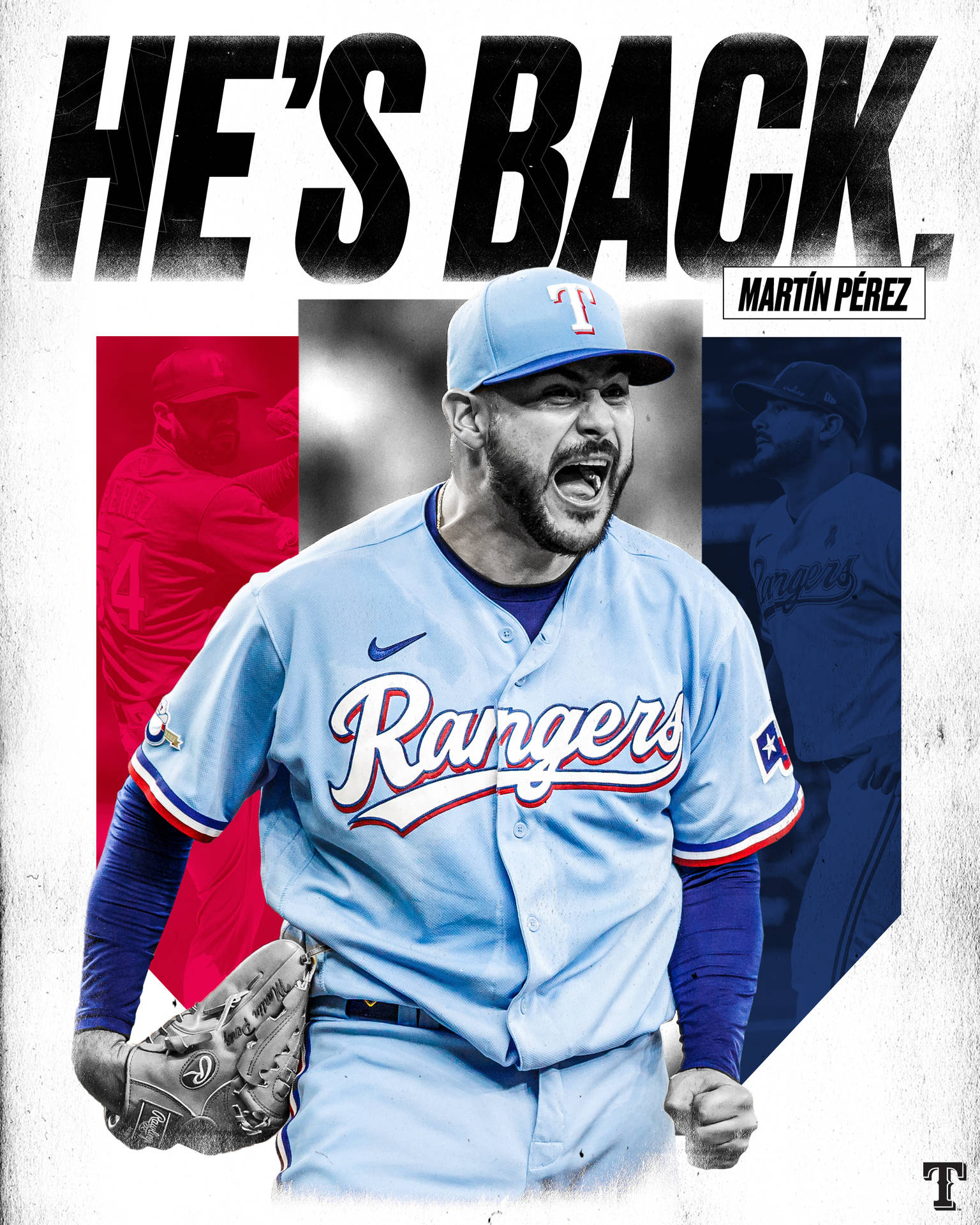 身穿流浪者隊球衣的棒球運動員 Martin Perez 握緊拳頭慶祝。