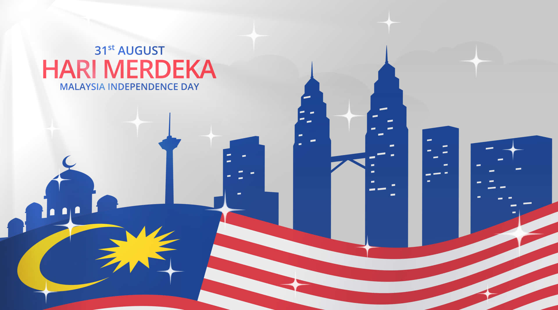 Malaysia 桌布 壁紙 — 馬來西亞獨立日慶祝活動以風格化的天際線為特色，包括標誌性建築和飄揚在場景中的國旗。