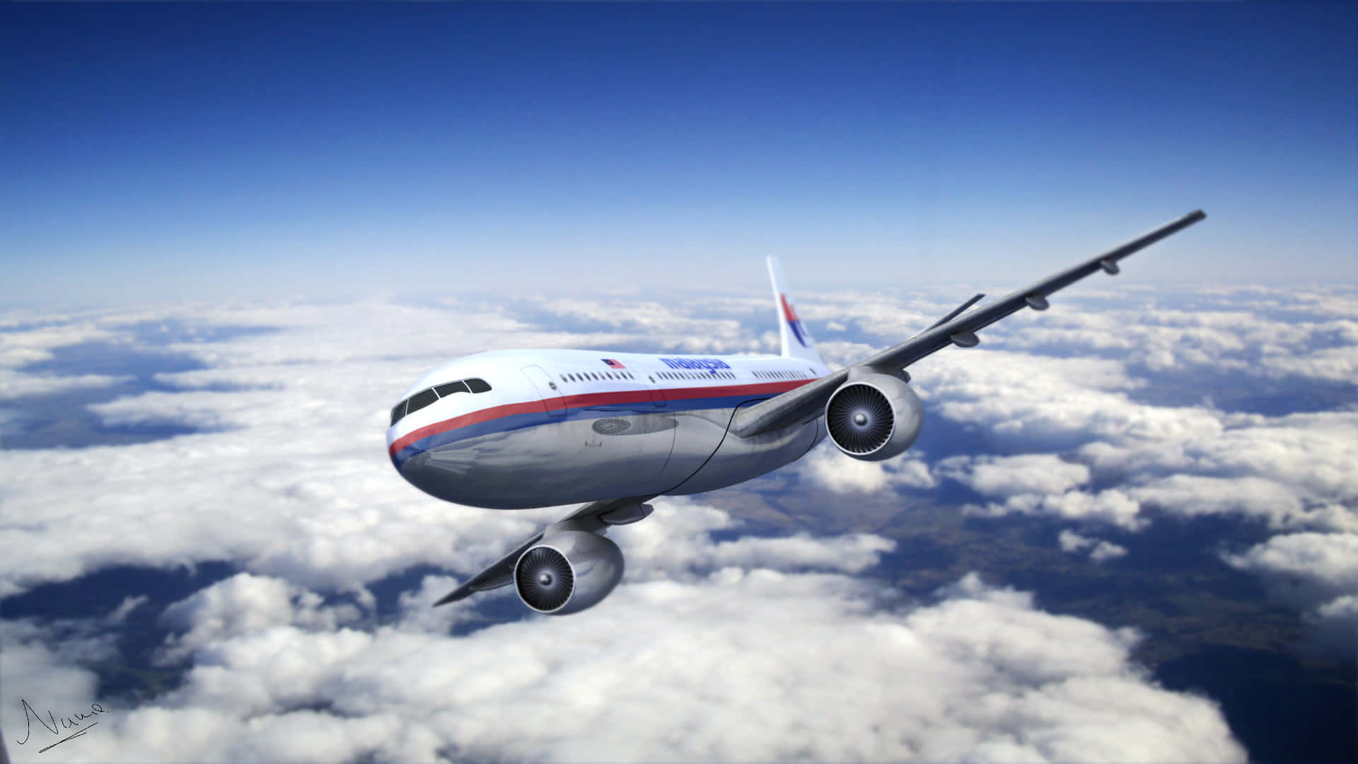 馬來西亞航空MH370飛越雲層 壁紙 — 一架流線型白色飛機帶有紅藍條紋，在清澈的藍天下翱翔於蓬鬆的白雲之上。